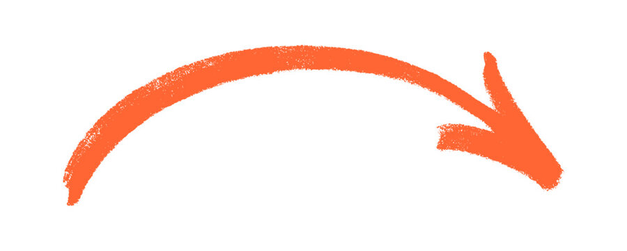 Wide arched orange crayon arrow curving from left to right. Playful hand drawn directional sketch with realistic wax finish for creative branding, school projects, and modern artistic visuals.