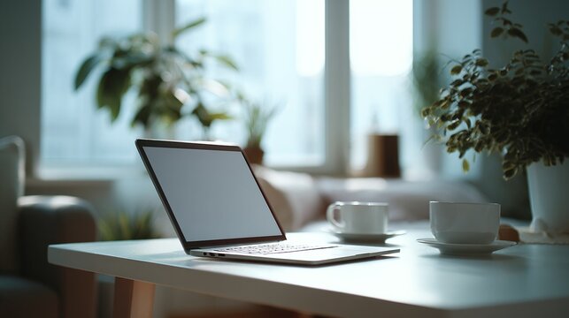 Minimal Modern Workspace with Laptop on Clean Desk Soft Natural Window Light Neutral Tones Aesthetic Office Setup Shallow Depth of Field Realistic Lifestyle Photography