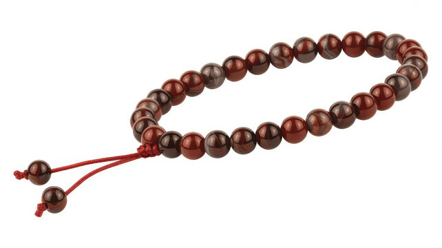 A bracelet of polished red jasper beads with a red string, isolated on a white background