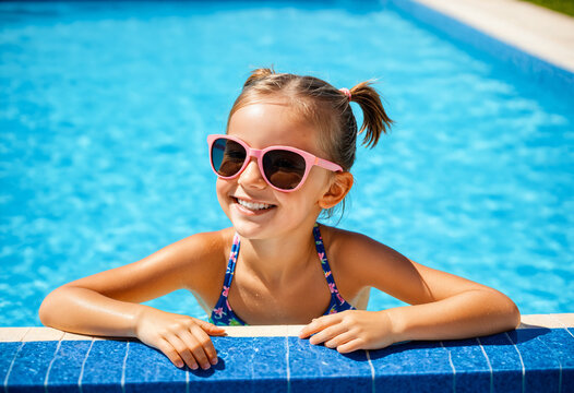 young girl swimming pool, kid summer vacation, happy child water, poolside fun