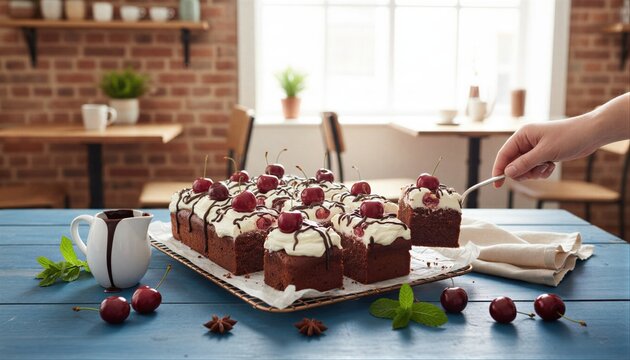 Hand picking chocolate cherry cake square during brunch