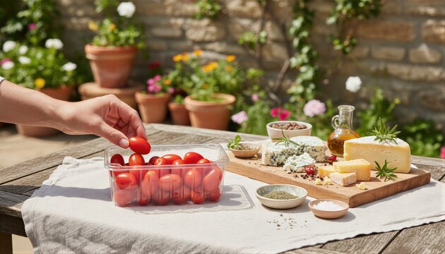 Hand picking grape tomatoes during outdoor brunch
