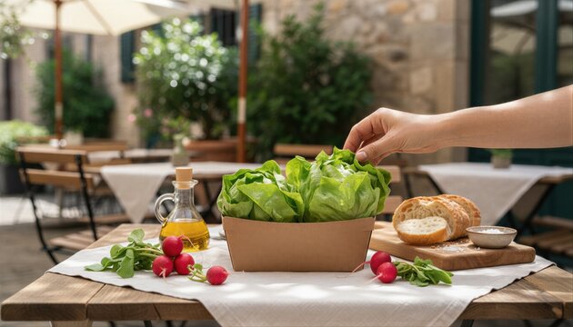 Hand picking fresh lettuce leaf at sunny outdoor brunch