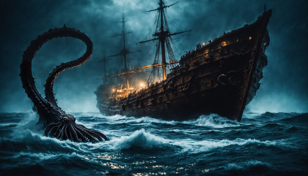 dark fantasy pirate ship battling giant kraken tentacle in stormy ocean night