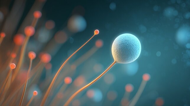 Microscopic Closeup of Fungal Spore Structures with Glowing Spherical Tips and Detailed Organic Filaments
