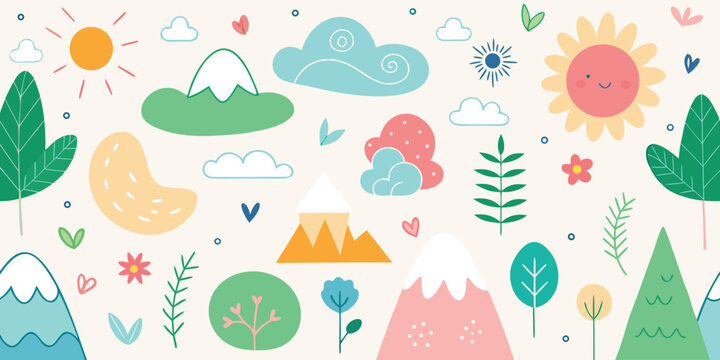 Cute illustrated pattern with suns mountains clouds trees and floral elements