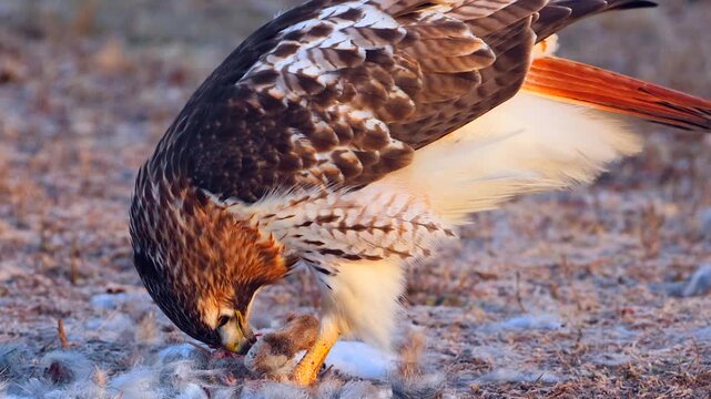 Red-tailed hawk eating freshly killed rabbit, close-up of wild behavior and Winter survival.