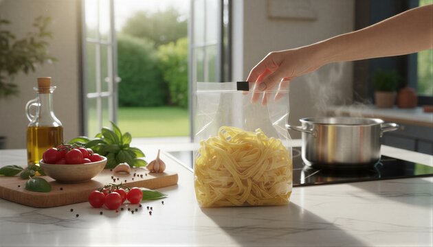 Person preparing fresh meal with egg pasta in kitchen