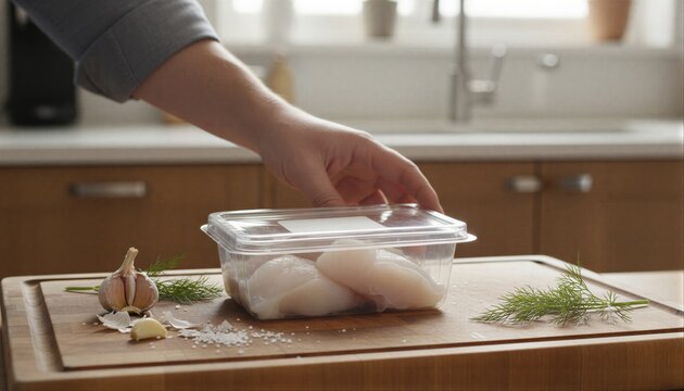 Person preparing fresh monkfish cheeks in sunny kitchen