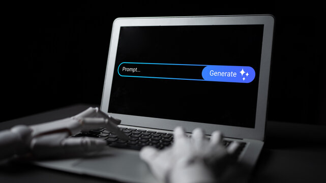 A laptop with a dark screen reveals a text input area labeled "Prompt..." as a robotic hand hovers near the keyboard, evoking themes of technology and creativity. Gantry