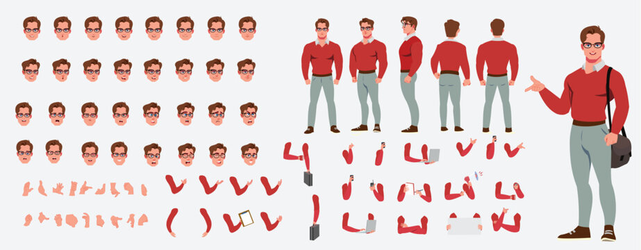 Customizable vector male character design kit with various emotions and actions