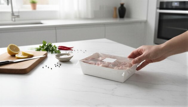 Person reaching for packaged fresh offal on marble