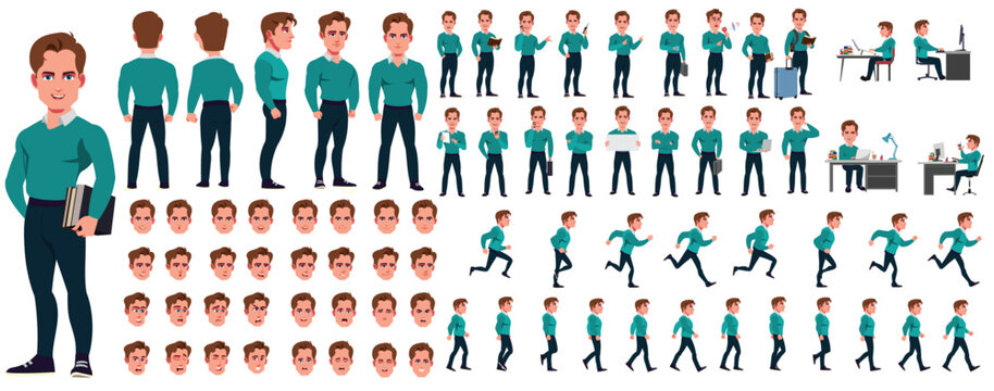 Animated character design for a young man in various poses and expressions