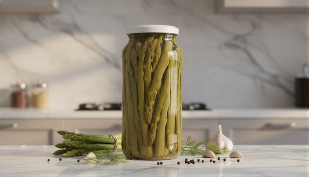 Artisanal pickled asparagus spears on marble counter