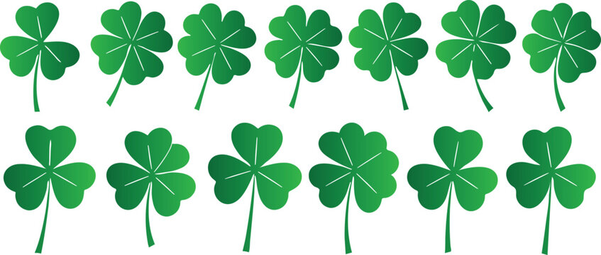 Set of green four leaf clover illustrations.