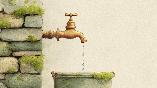 Rustic Water Faucet Dripping into Mossy Metal Bucket on Weathered Stone Wall in Soft Watercolor Style Representing Vintage Outdoors