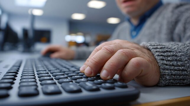 Student with Down syndrome using adaptive keyboard in computer lab
