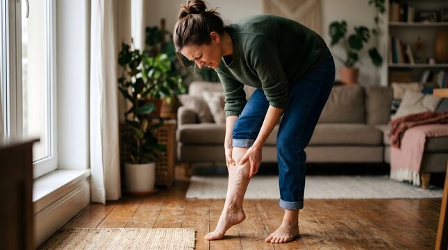 Woman experiencing leg fatigue from prolonged standing with visible varicose veins