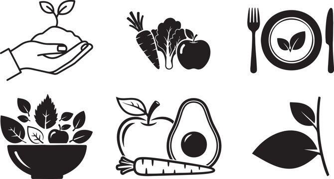 Black and white icons of healthy food and plants
