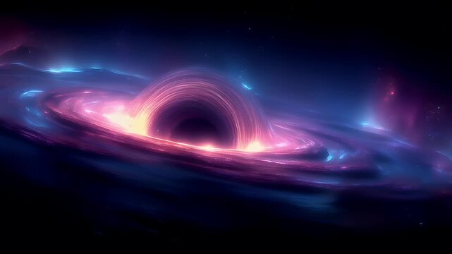 Black hole, fantasy, mysterious. A vivid digital artwork depicts a cosmic scene. A swirling vortex of pink, purple, and blue hues forms the central subject, resembling a black hole.