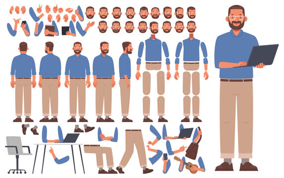 Vector character creator set featuring a male office worker with various poses