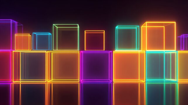 Futuristic glowing neon cubes floating above reflective dark surface, vibrant geometric shapes in colorful light outlines creating modern digita