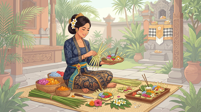 Vector illustration of Balinese woman making traditional offerings (canang sari) with flowers and leaves, cultural activity in Bali, flat design, clean lines, soft colors, isolated character.