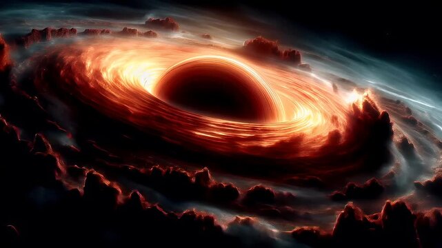 Black hole, fantasy, mysterious. A vivid digital artwork depicts a massive black hole in space. The black hole is the central focus, surrounded by swirling patterns of fiery orange and red hues.