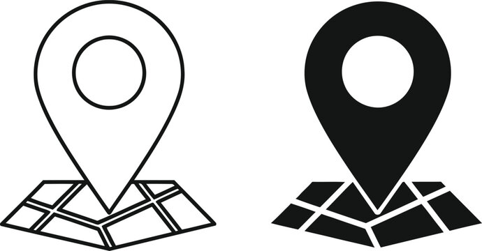 Location pin icons black and white outline and filled versions