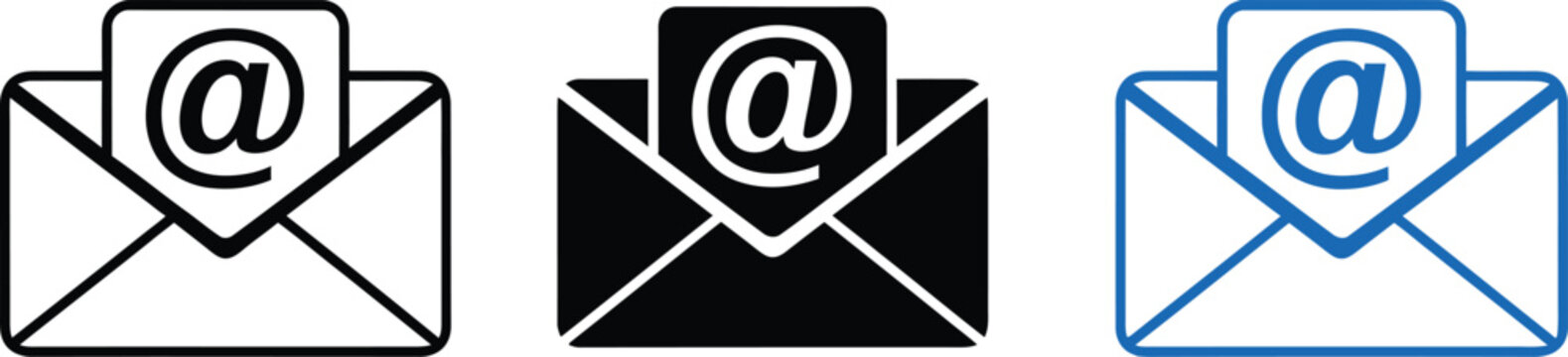 Email envelope icons black and white solid black and blue outline versions
