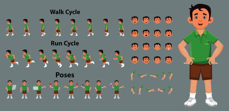 Cute young boy character set with multiple animations and expressive facial poses