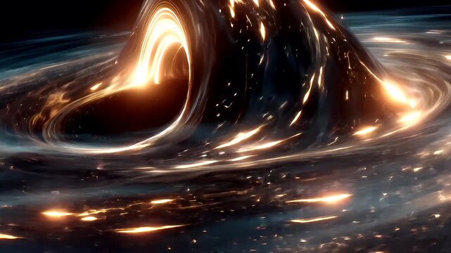Black hole, fantasy, mysterious. A vivid depiction of a swirling vortex of light and shadow against a dark background. The vortex is illuminated by a warm, golden light source.