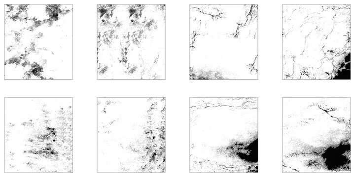 Set of 8 black square grunge dust texture. Grunge Urban Backgrounds set. Texture Vector.