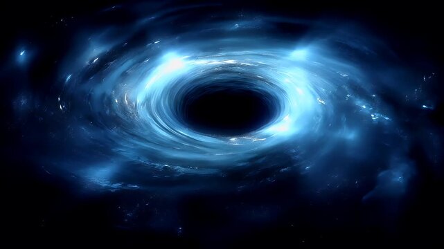Black hole, fantasy, mysterious. A vivid digital artwork depicts a swirling vortex of light and shadow against a deep black background. The vortex is a mesmerizing blend of blue and white hues.