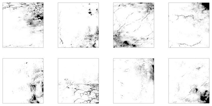 Collection of 8 black square grunge dust texture.