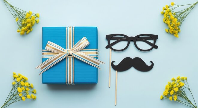 Blue gift box with black mustache and glasses props