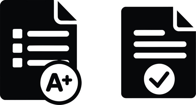 Exam results and checklist document icons with A plus grade and check mark.