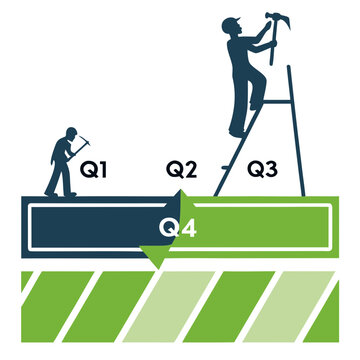 Construction workers on a quarterly progress bar graph