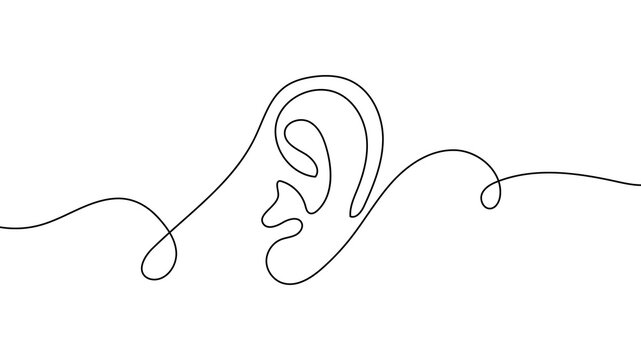 Continuous one line ear hear listen art drawing deaf icon vector. Human ear hear aid day concept health single world person earphone outline element white design sound abstract silhouette illustration