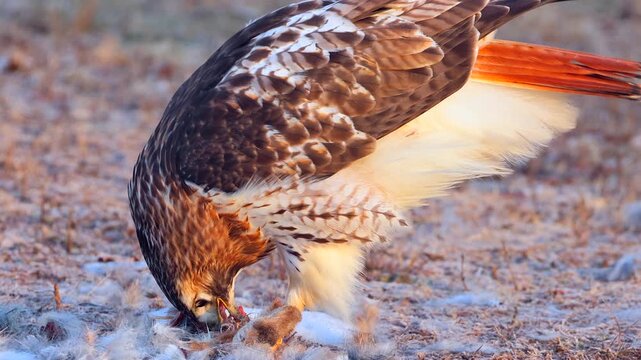 Red-tailed hawk eating freshly killed rabbit, close-up of wild behavior and Winter survival.