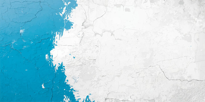 Grunge concrete wall background with peeling blue and white paint, cracked plaster and rough chipped texture, abstract distressed surface with weathered layers and vintage decay effect.
