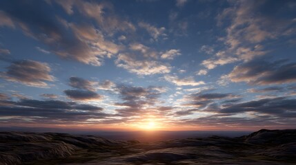 Fototapeta premium Dramatic sunset over rolling terrain featuring sweeping cloudscapes under a vibrant gradient sky