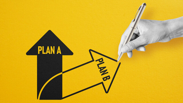 Plan A vs Plan B concept with hand drawing alternative direction arrow, business strategy change, pivot decision, choosing new path, flexibility, risk management and growth opportunity