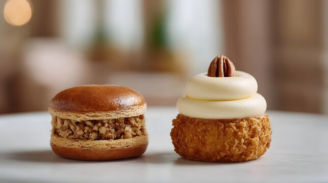 Two gourmet pastries featuring a layered aron and a walnut topped cream cake displayed elegantly on a white surface