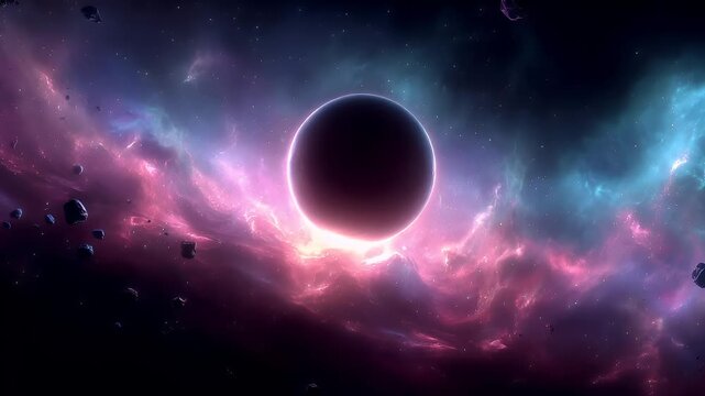 Eclipse, fantasy, mysterious, supernatural. A vivid and detailed digital artwork depicts a cosmic scene. A large, glowing, spherical object, likely a planet or celestial body, is the central subject.