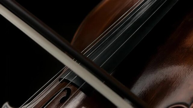A close up shot of a hand drawing a bow across the strings of a cello, capturing the exquisite wooden texture and the profound musical motion of the instrument in a professional performance setting.