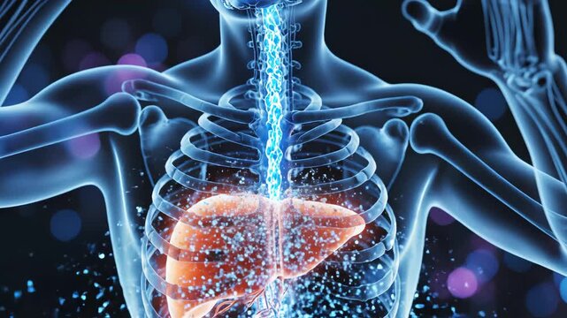 Human anatomy with liver highlighted perfect for hospital promotions and health education