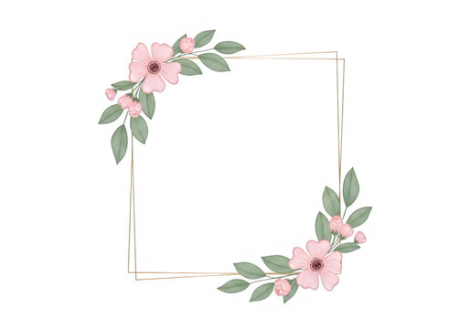 Pink flower frame with green leaves and gold border