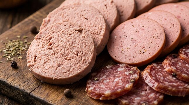 Macro background of fresh sliced Braunschweiger sausage, beef salami, and deli cold cuts texture.