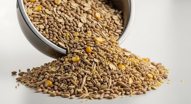 A metal bowl pouring out a mix of wheat, oats, and corn kernels on a surface